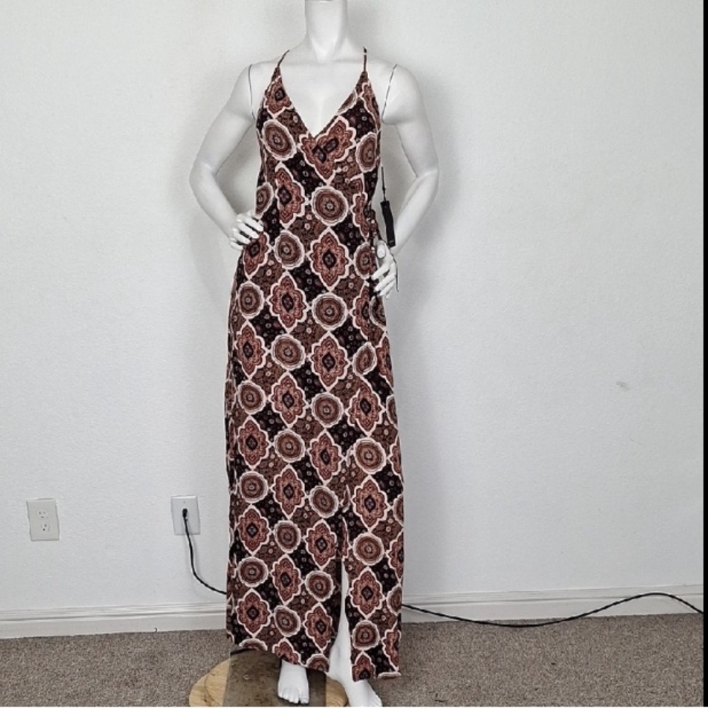 Forever 21 “NEW” Brown Cream Geometric Print V-Neck Boho Maxi Wrap Dress Size S